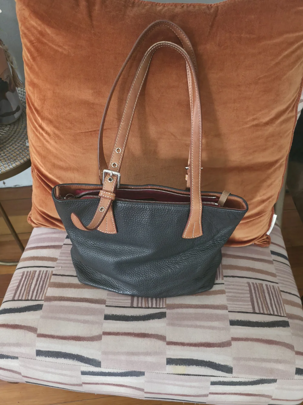 Dooney & Bourke Black Pebbled Leather Tote with Brown Straps